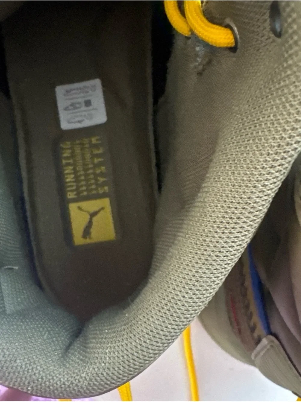 Puma Olive High-Top Boots with Yellow Laces and Red Accents